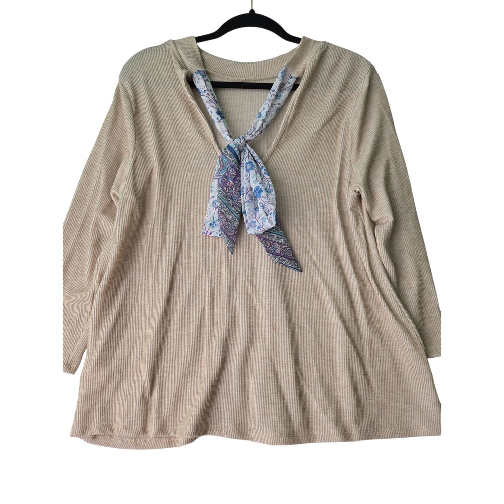Blue Rain Womens L‎ Beige Ribbed Knit Tunic Top Scarf V Neck Boho Coastal
